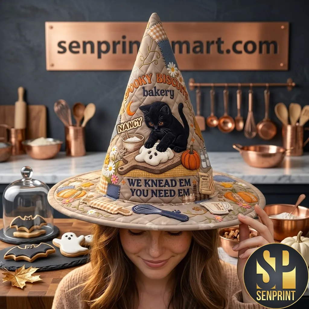 Personalized Spooky Biscuits Bakery Black Cat Halloween Quilted Witch Hat