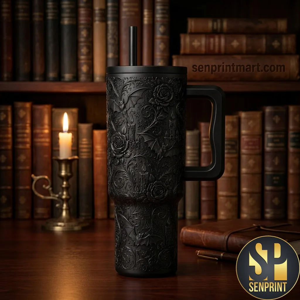 Gothic Rose and Bat 3D Embossed Matte Black 40oz Tumbler with Handle