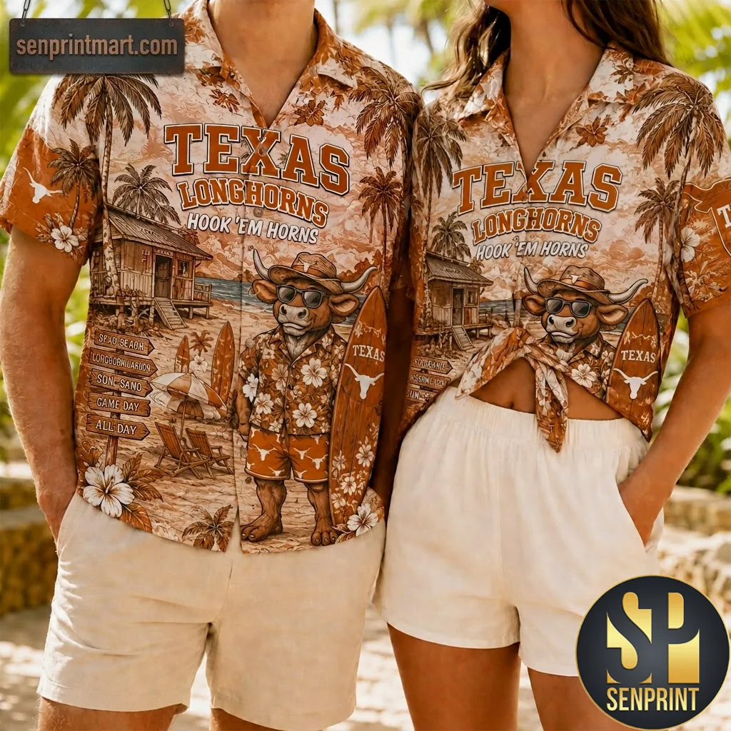 Texas Longhorns Hook ‘Em Horns Vintage Beach Game Day Hawaiian Shirt