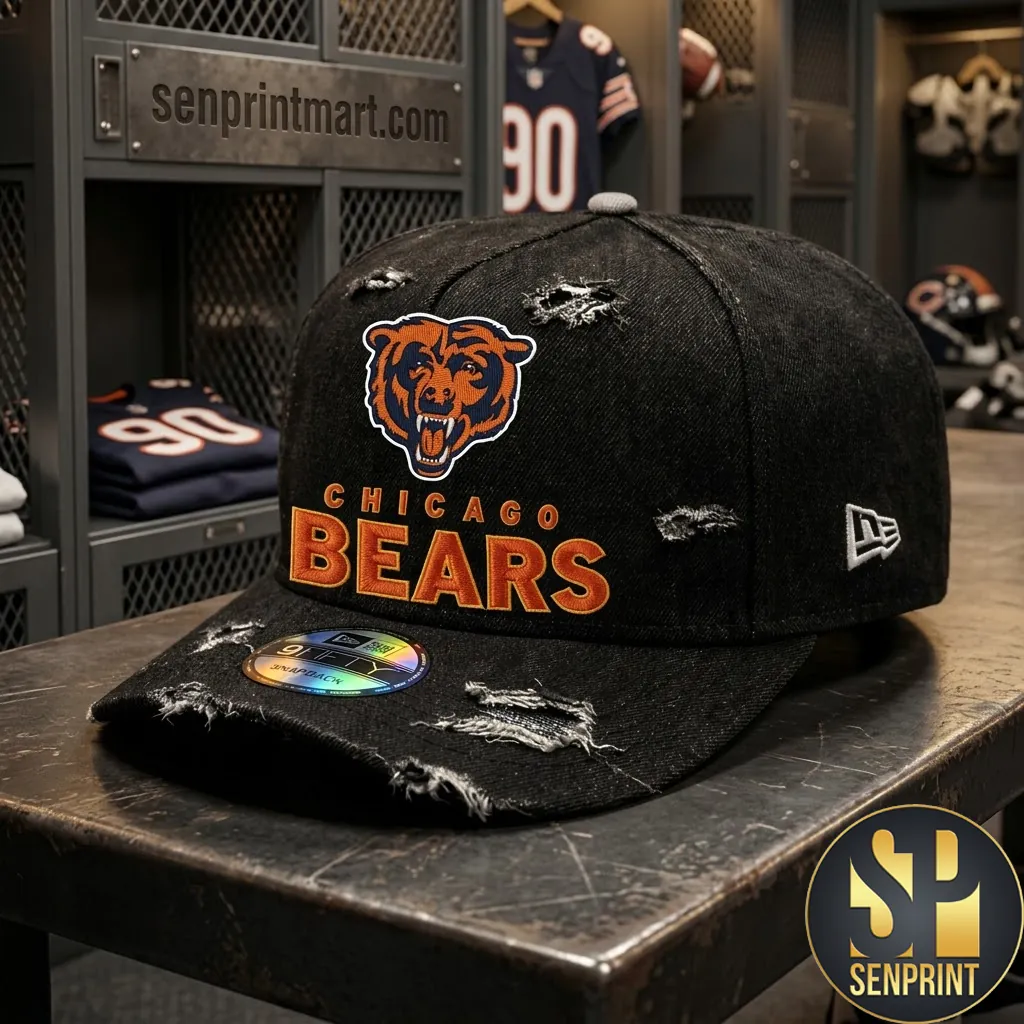 Chicago Bears Distressed Black Denim Snapback Hat