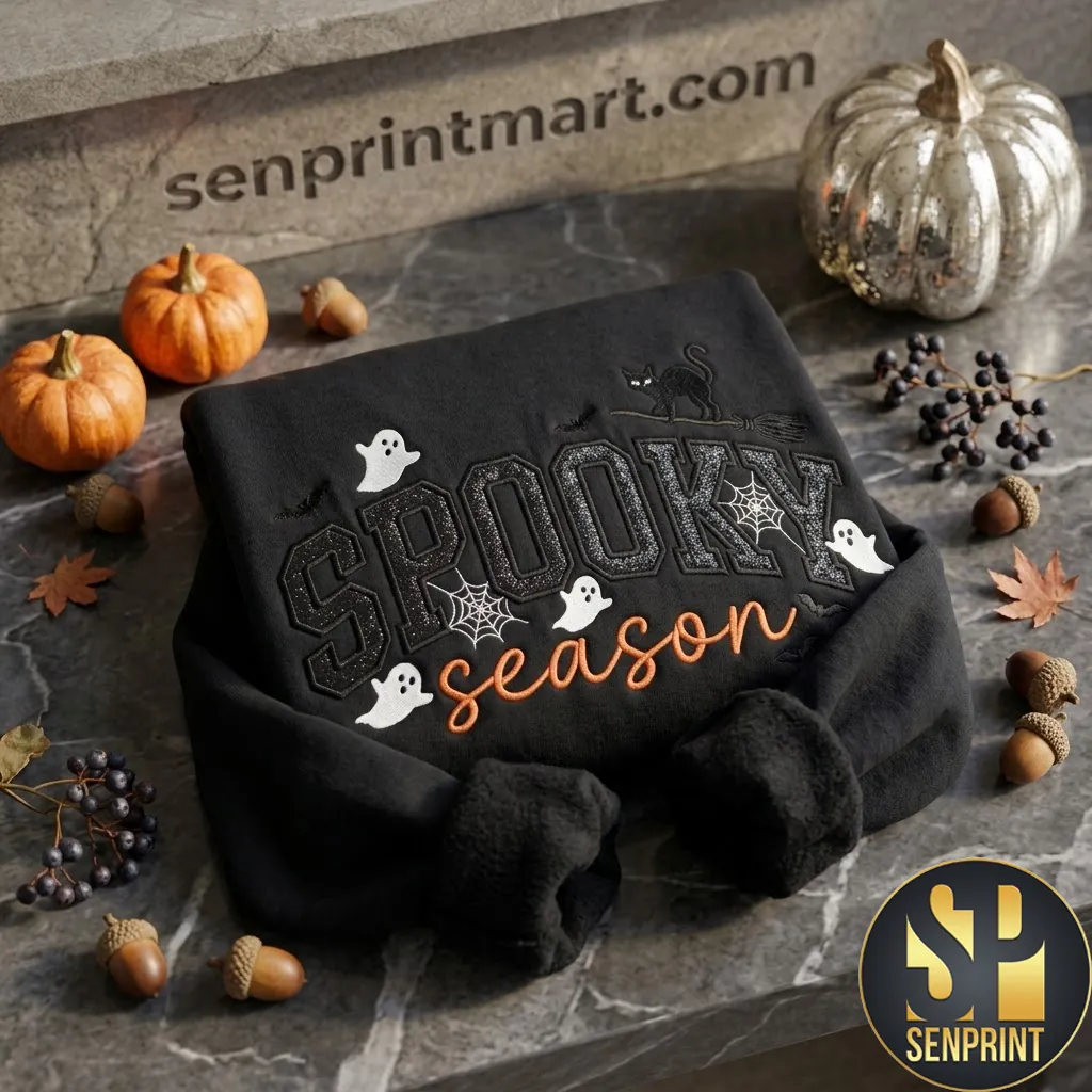 Spooky Season Embroidered Halloween Black Sweatshirt