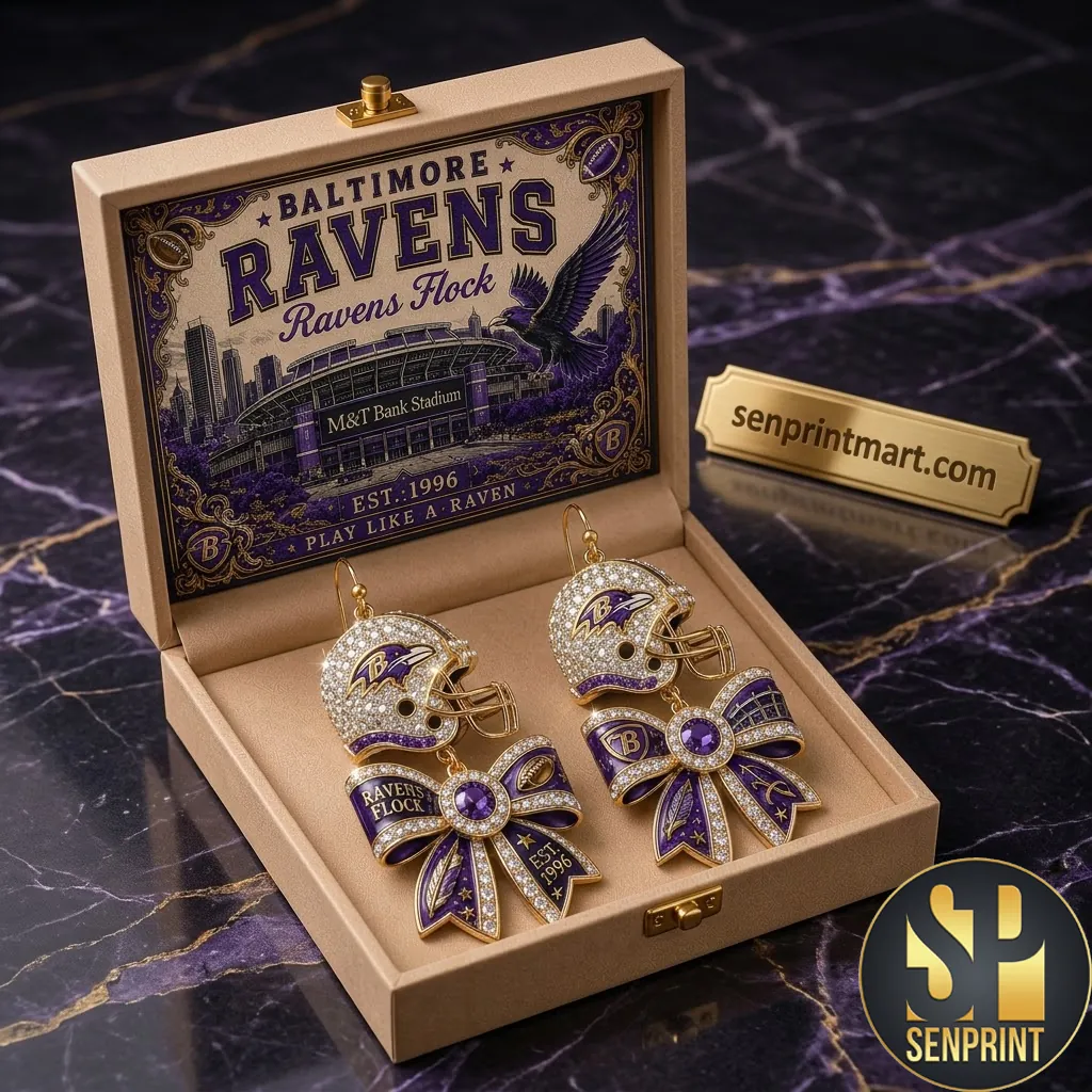 Baltimore Ravens Ravens Flock Luxury Crystal Helmet Bow Dangle Earrings