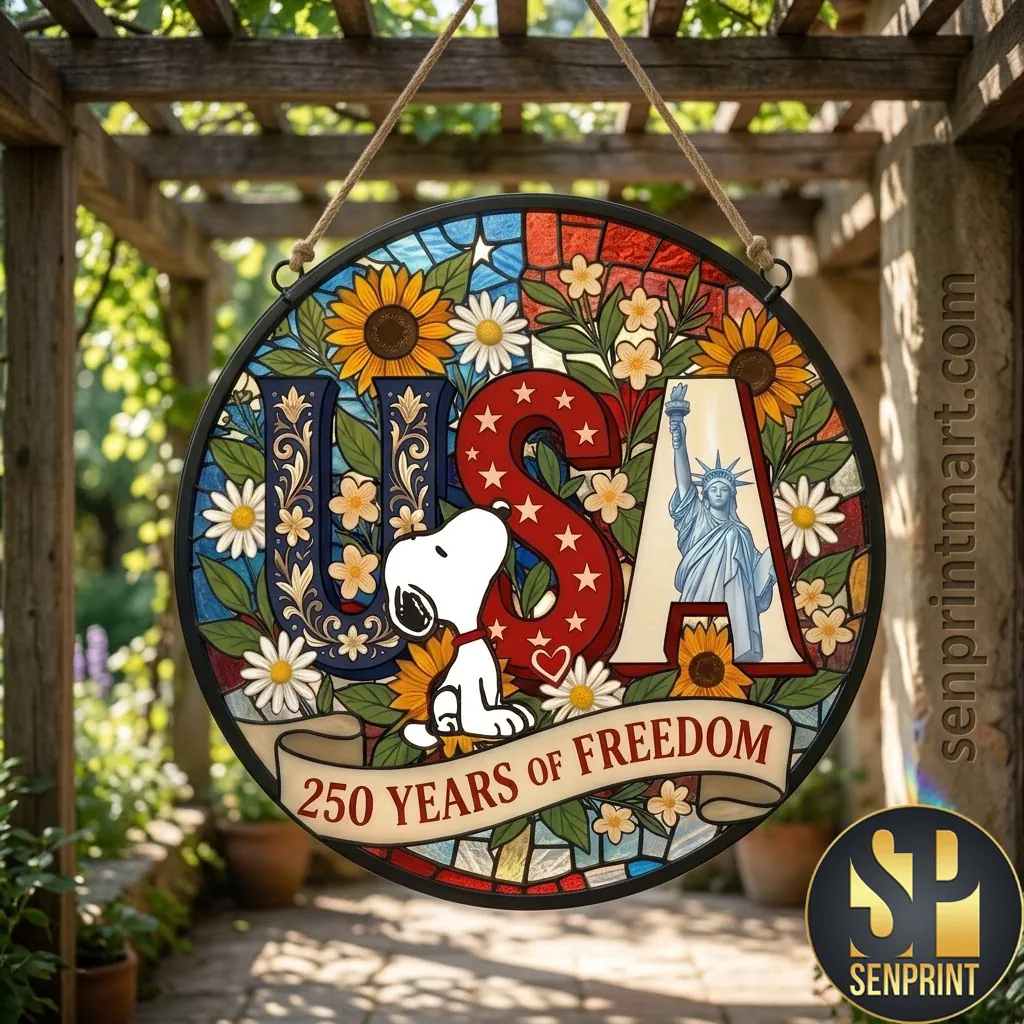 Snoopy USA 250 Years of Freedom Patriotic Stained Glass Suncatcher