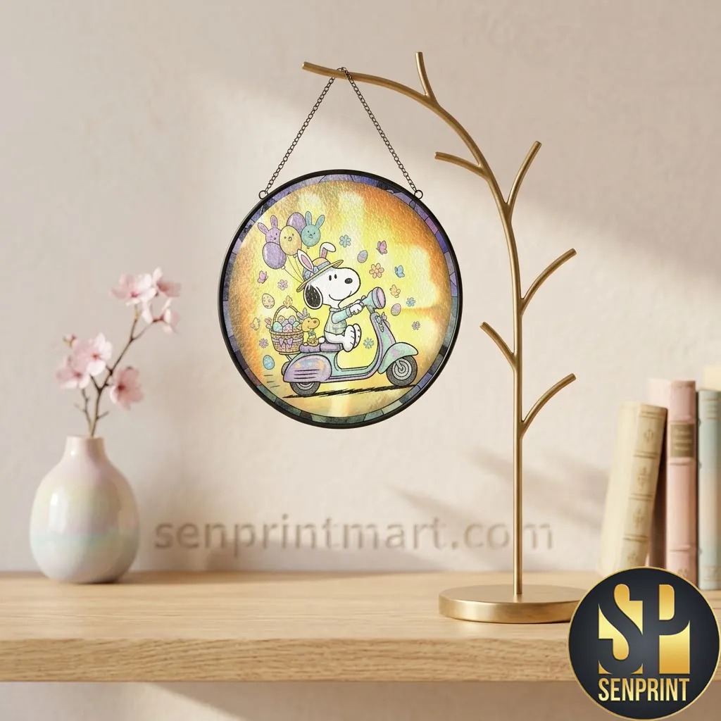 Snoopy Easter Bunny Riding Scooter Stained Glass Suncatcher