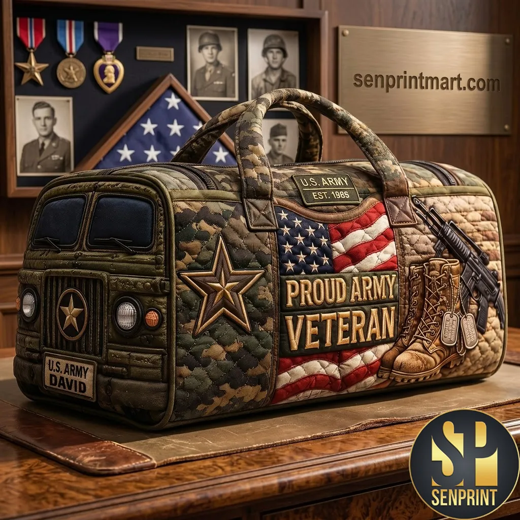 Personalized Proud Army Veteran US Flag Quilted Duffle Bag