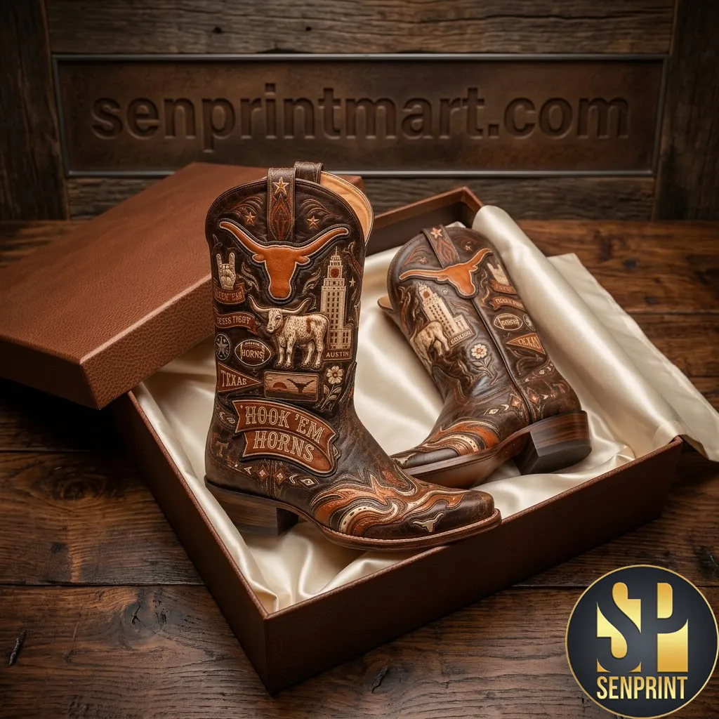 Texas Longhorns Hook Em Horns Premium Leather Cowboy Boots