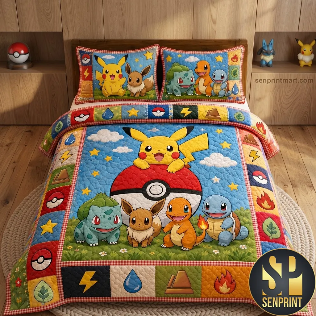 Pokemon Pikachu And Friends Cartoon Quilt Bedding Set