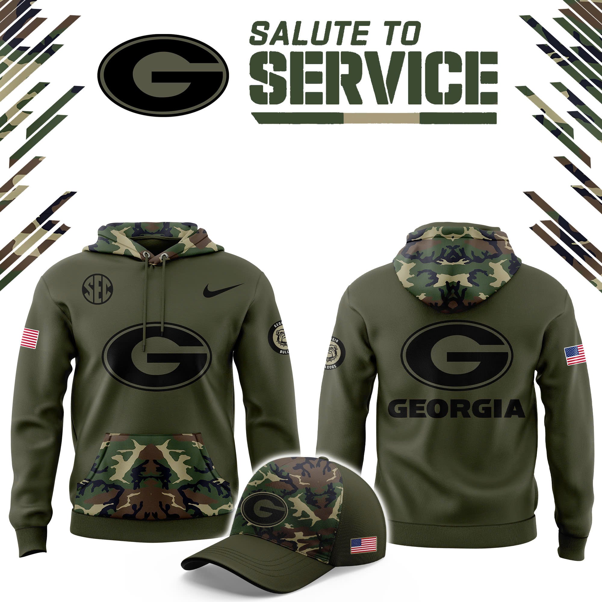 Georgia Bulldogs Salute to Service Military Camo Olive Green Fleece Pullover Hoodie