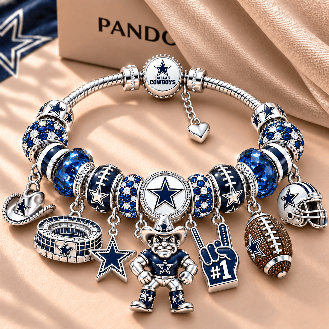 Dallas Cowboys NFL Football Silver Plated Crystal Bead Fan Gift Charm Bracelet Set