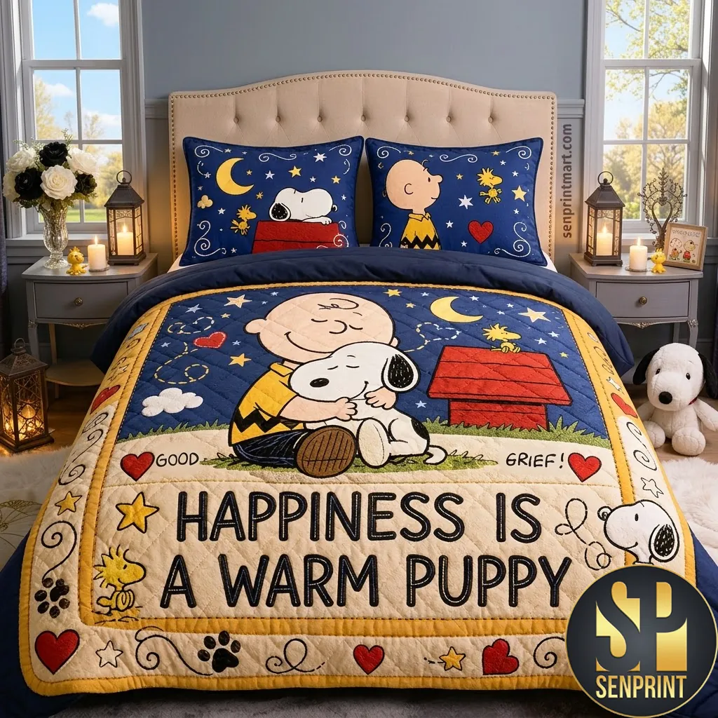 Snoopy Happiness Is A Warm Puppy Cartoon Quilt Bedding Set