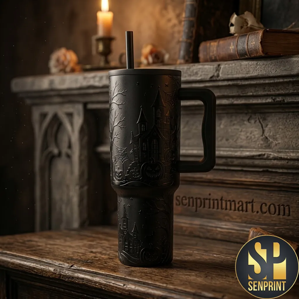 Halloween Haunted House Embossed Matte Black 40oz Tumbler
