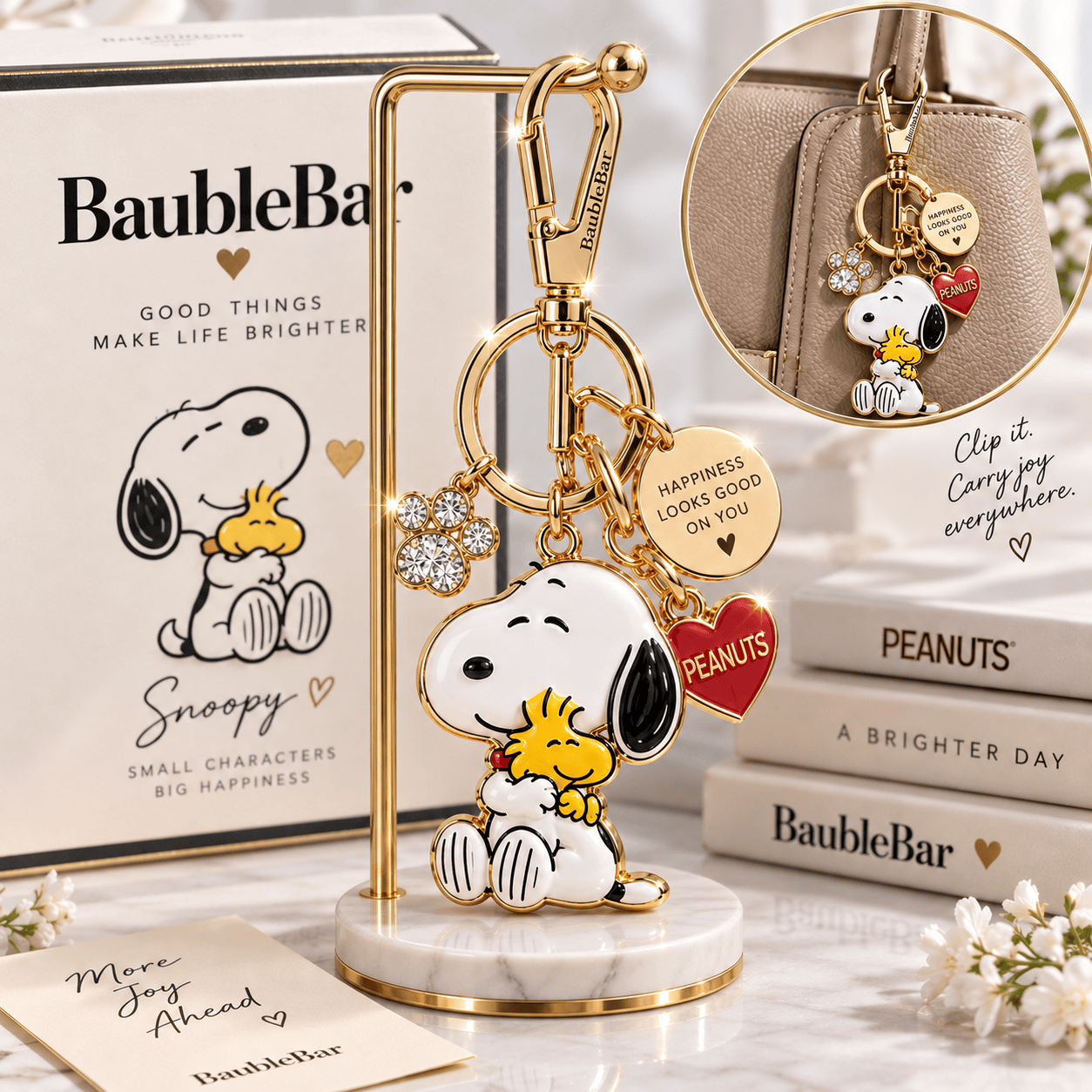 BaubleBar x Peanuts Snoopy and Woodstock Gold Enamel Luxury Keychain Bag Charm