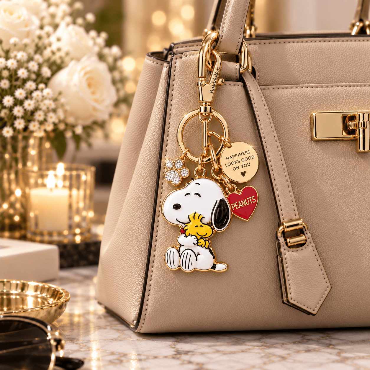 BaubleBar x Peanuts Snoopy and Woodstock Gold Enamel Luxury Keychain Bag Charm BaubleBar x Peanuts Snoopy and Woodstock Gold Enamel Luxury Keychain Bag Charm
