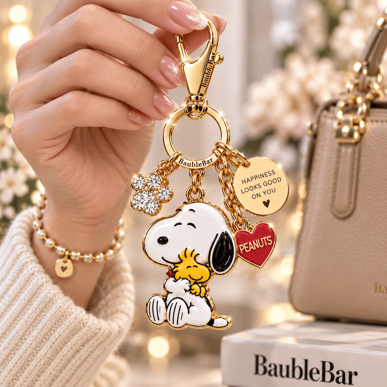 BaubleBar x Peanuts Snoopy and Woodstock Gold Enamel Luxury Keychain Bag Charm BaubleBar x Peanuts Snoopy and Woodstock Gold Enamel Luxury Keychain Bag Charm