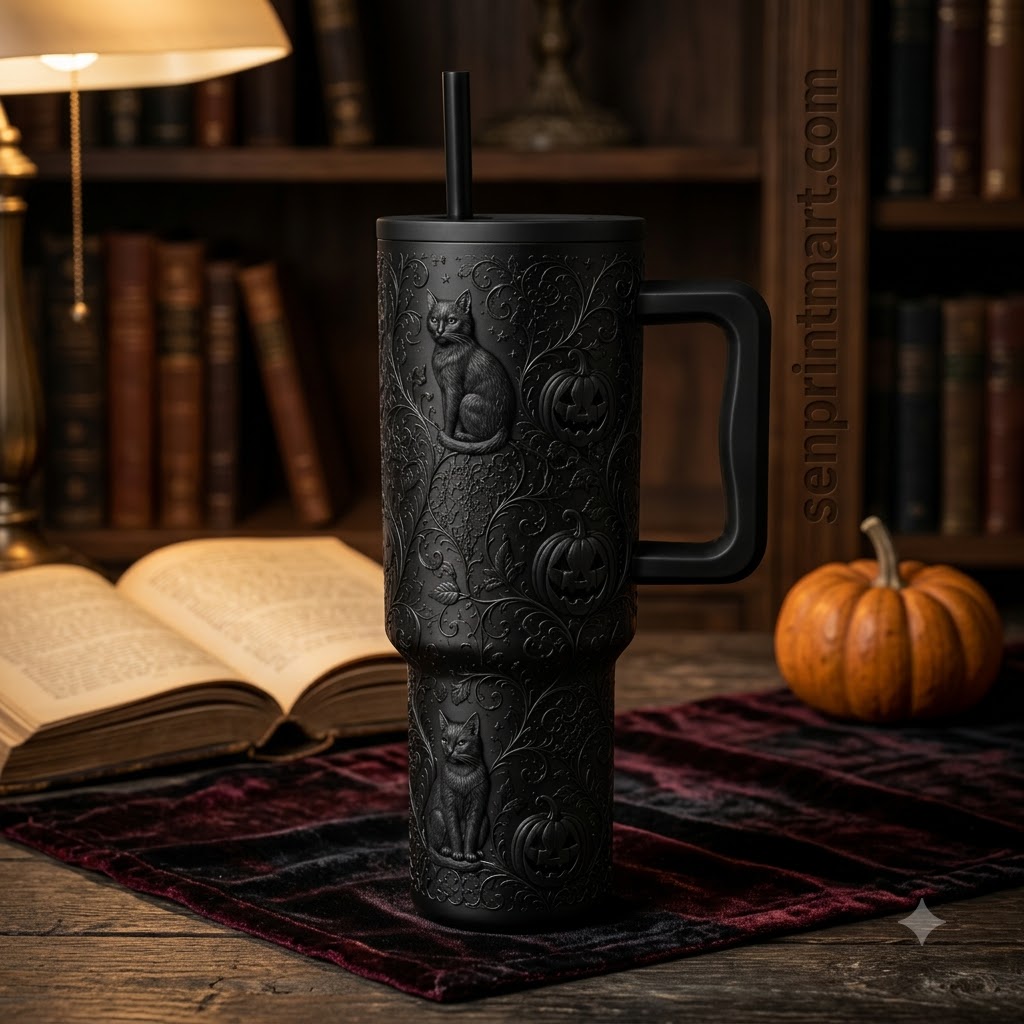 Gothic Halloween Black Cat and Pumpkin 40oz Tumbler