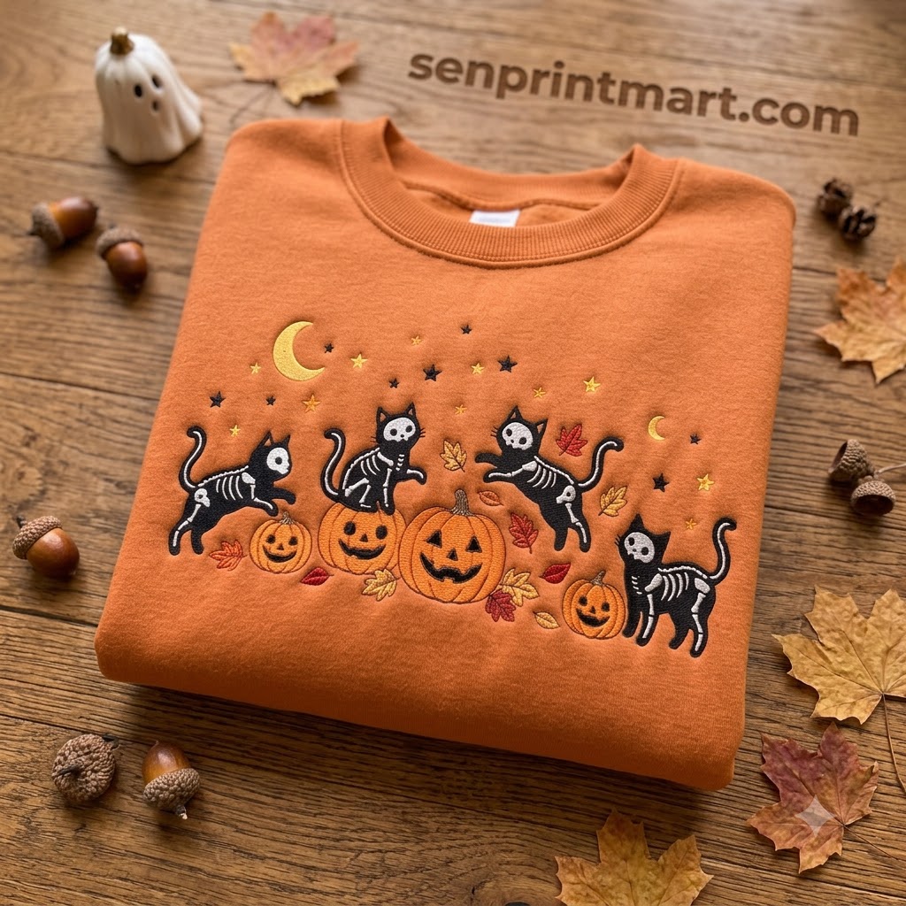 Halloween Skeleton Cat Pumpkin Embroidered Sweatshirt