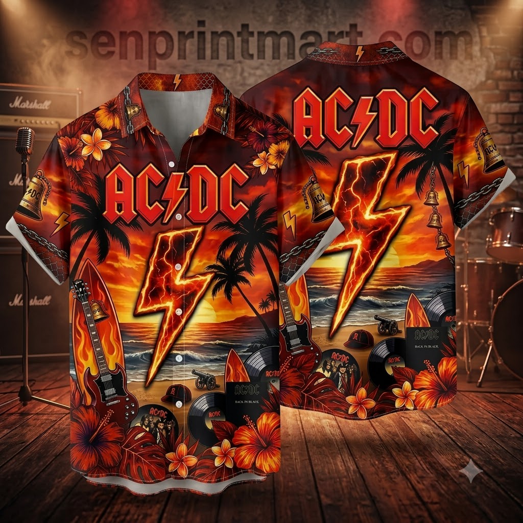 AC/DC Back In Black Tropical Sunset Premium Hawaiian Shirt