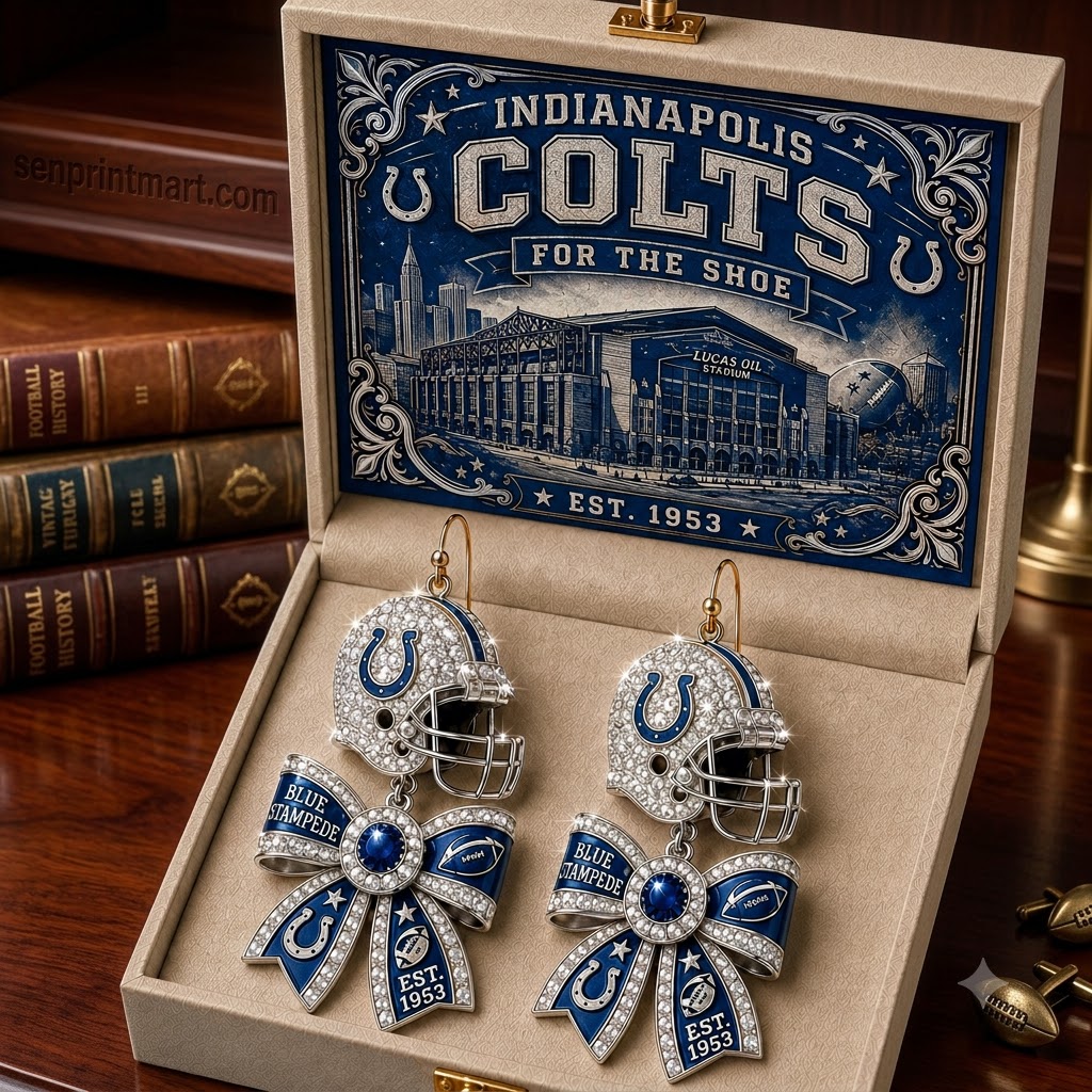 Indianapolis Colts Premium Crystal Helmet Bow Dangle Earrings