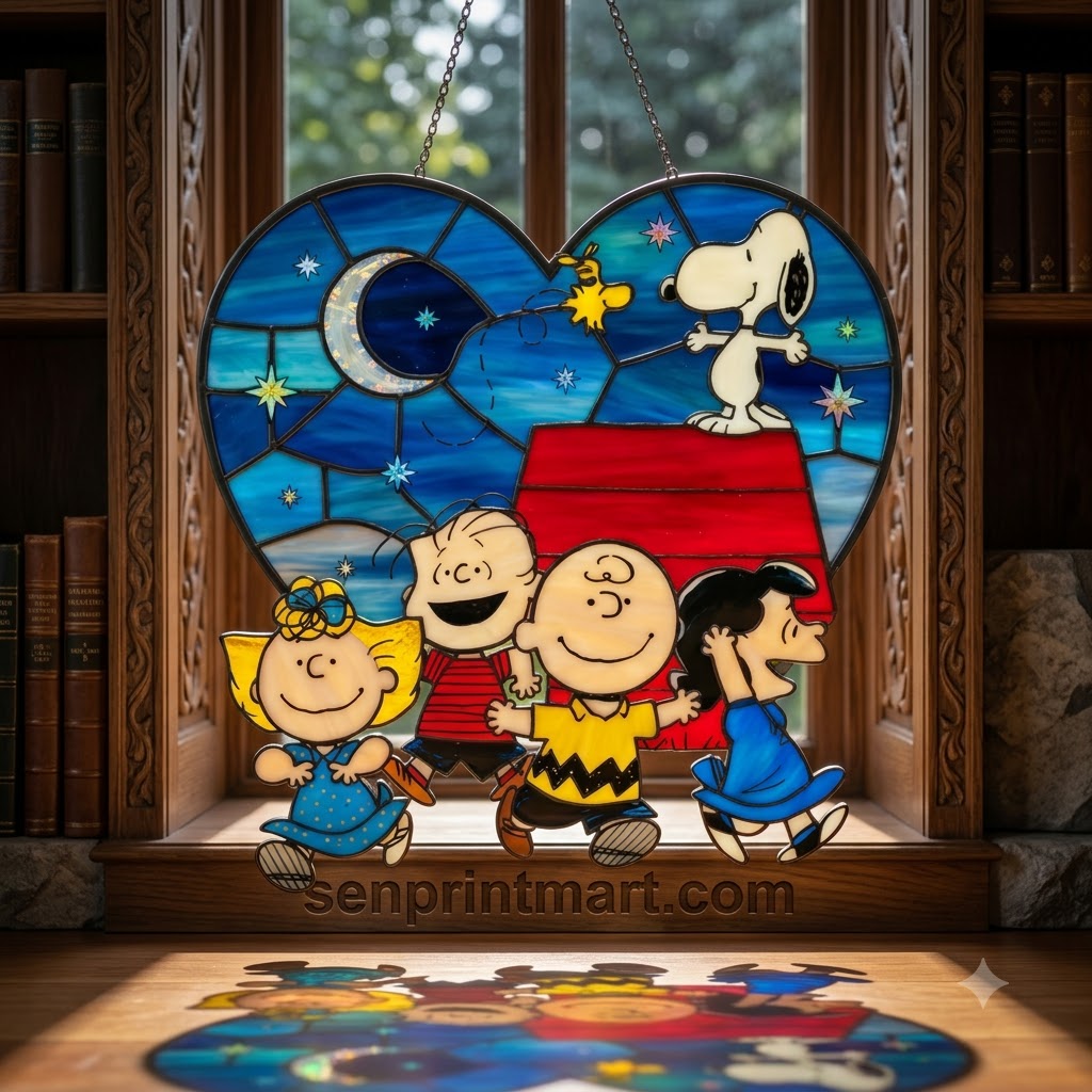 Peanuts Snoopy and Friends Heart Shaped Stained Glass Hanging Ornament