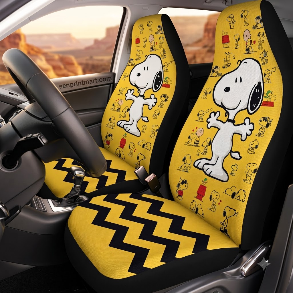 Snoopy Peanuts Character Yellow Pattern Car Seat Cover
