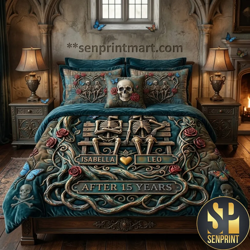 Personalized Skull Couple Gothic Anniversary Bedding Set