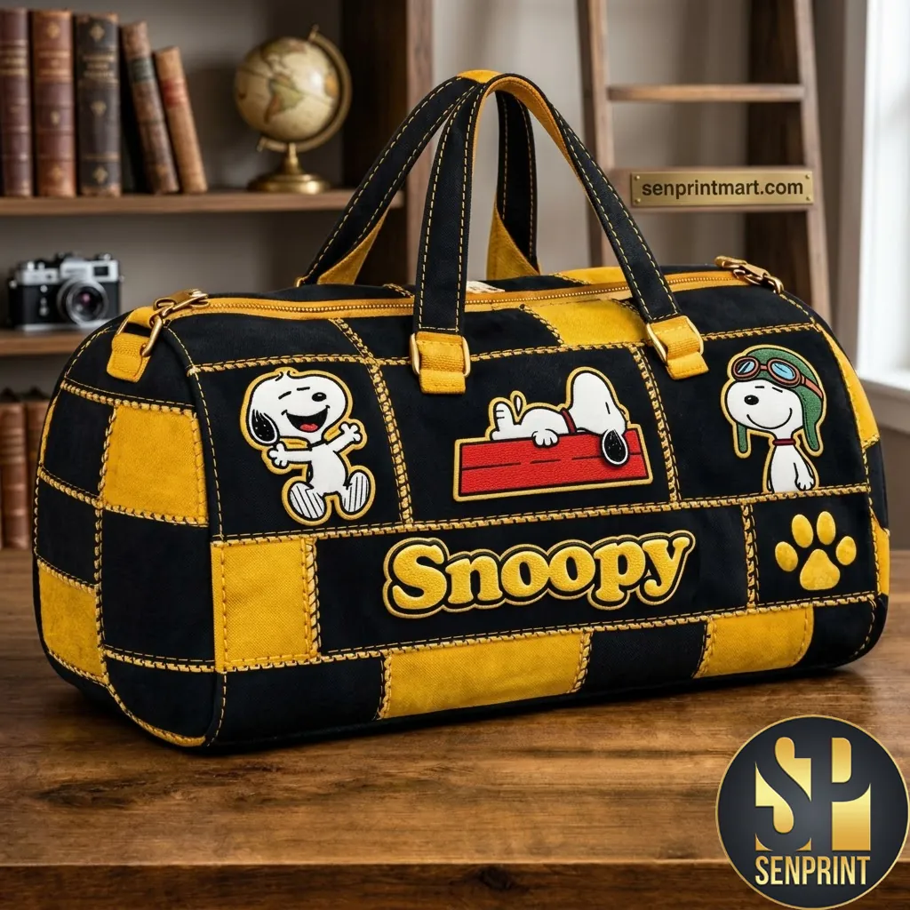 Snoopy Peanuts Character Black and Yellow Patchwork Duffle Bag