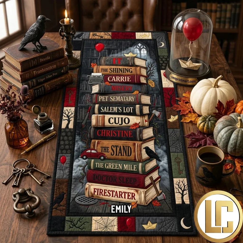 Stephen King Horror Book Stack Personalized Quilted Table Runner
