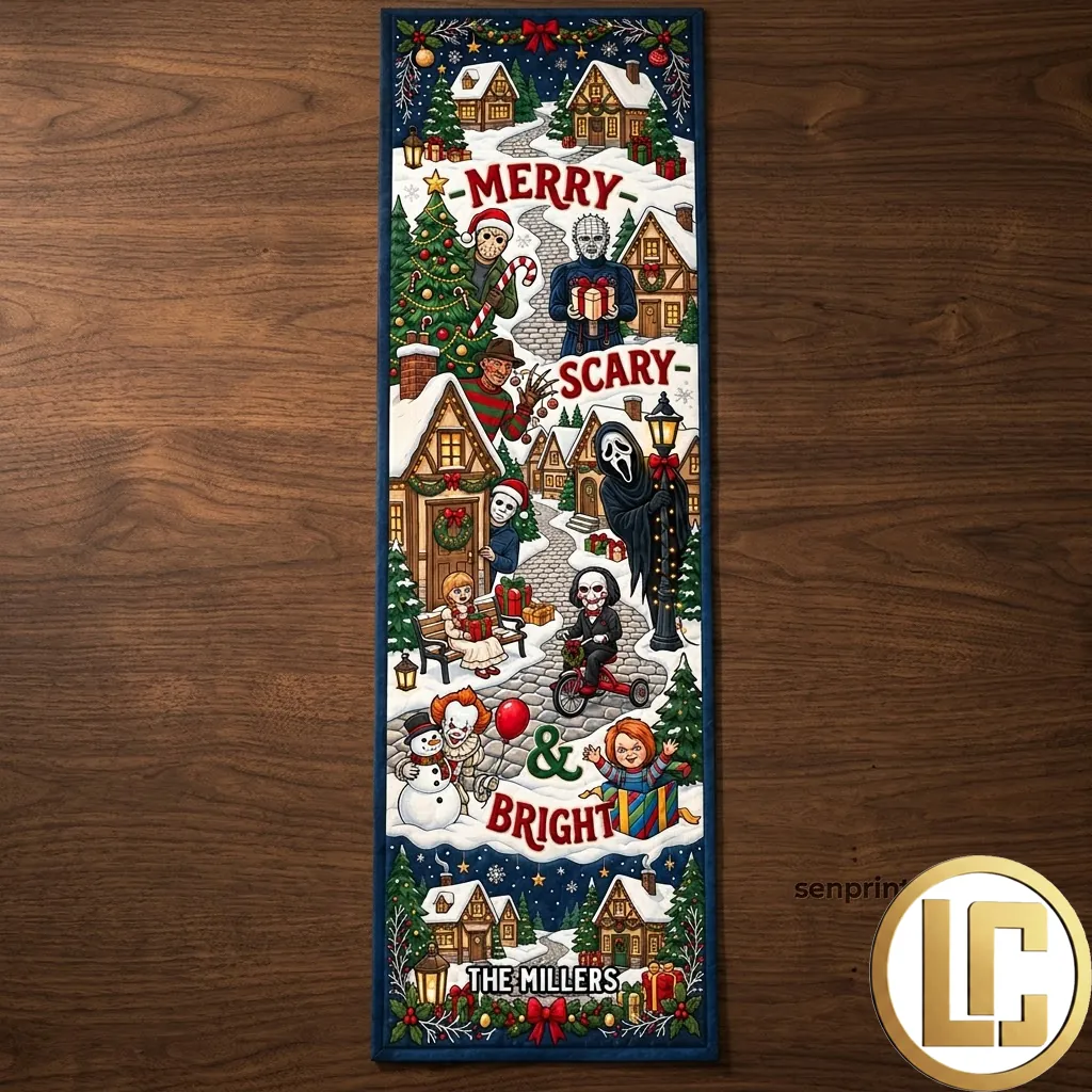 Merry Scary Christmas Horror Movie Character Personalized Table Runner