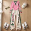 Alpha Kappa Alpha AKA 1908 Pink and Green Varsity Chic Ribbed Henley and Wide-Leg Sweatpants Two-Piece Set