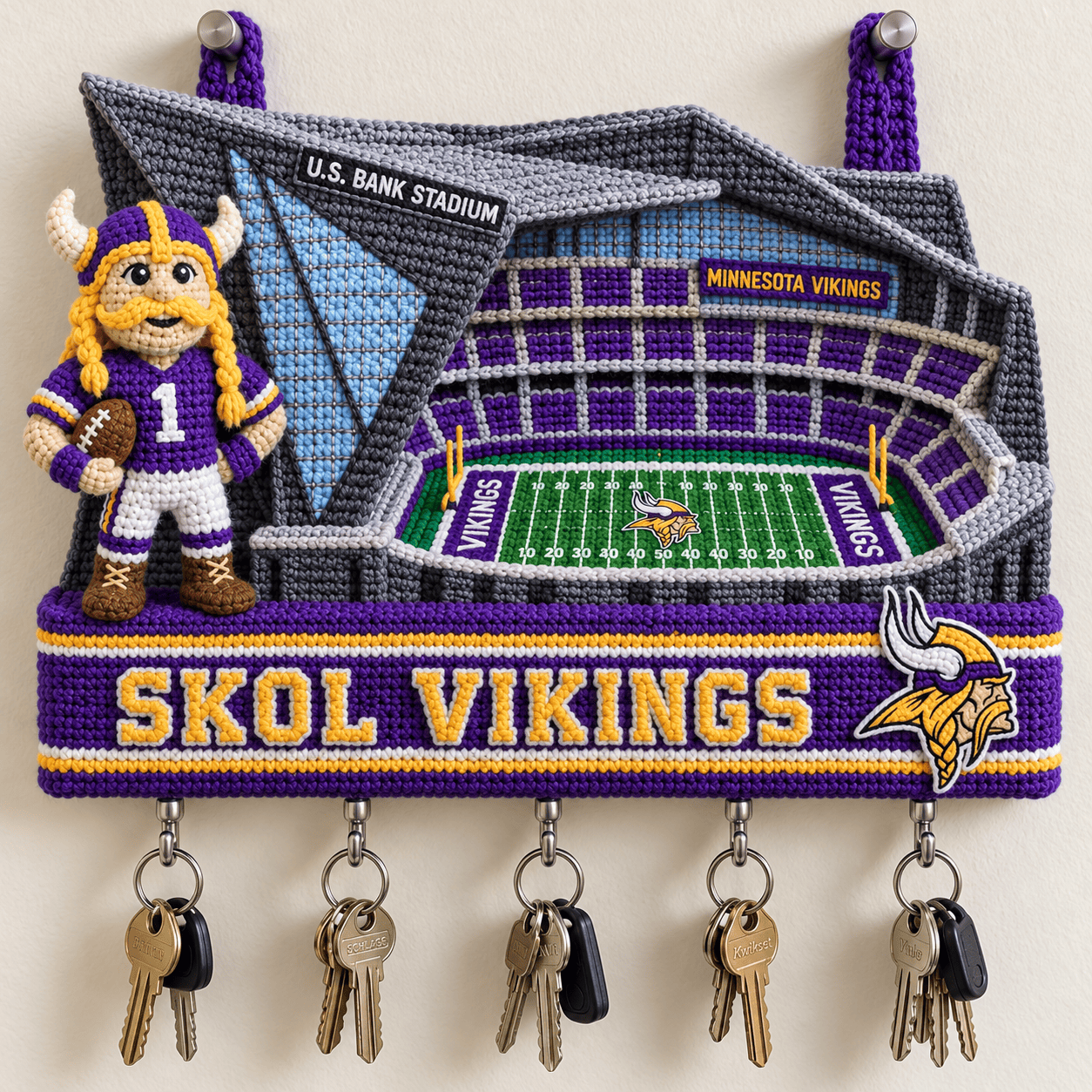 Minnesota Vikings US Bank Stadium Skol Crochet Style Entryway Wall-Mounted Key Holder