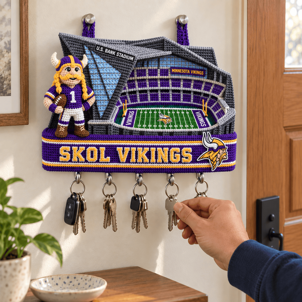 Minnesota Vikings US Bank Stadium Skol Crochet Style Entryway Wall-Mounted Key Holder Minnesota Vikings US Bank Stadium Skol Crochet Style Entryway Wall-Mounted Key Holder
