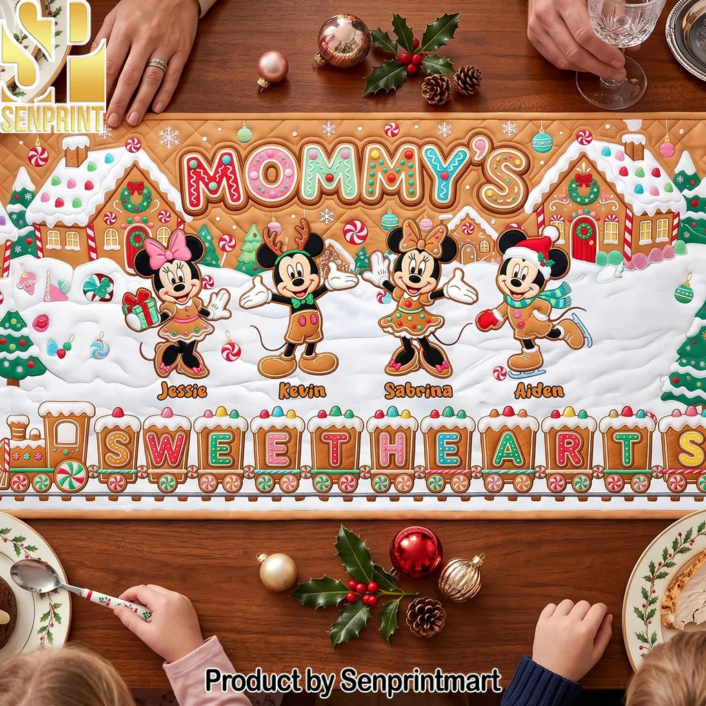 Personalized Disney Gingerbread Family Christmas Quilted Table Runner