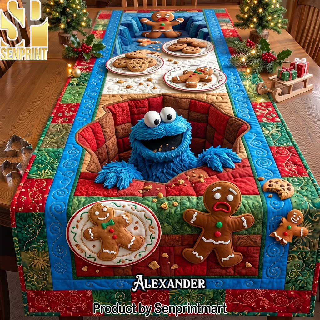 Personalized Cookie Monster Gingerbread Christmas Quilted Table Runner