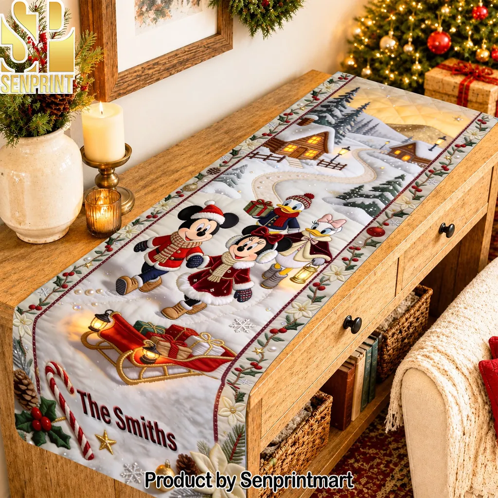 Personalized Mickey and Friends Christmas Winter Scene Table Runner