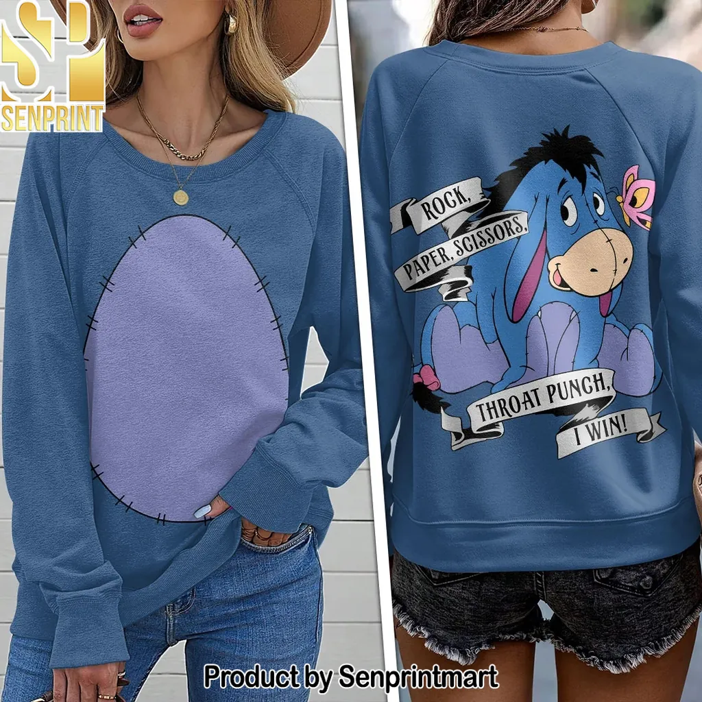 Eeyore Rock Paper Scissors Throat Punch Graphic Raglan Sweatshirt