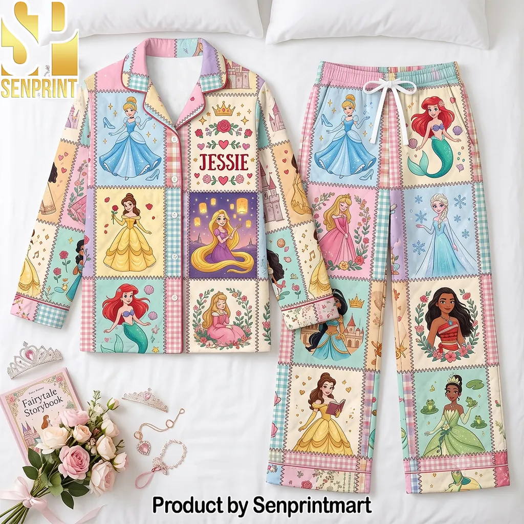 Personalized Disney Princess Patchwork Button Up Pajama Set