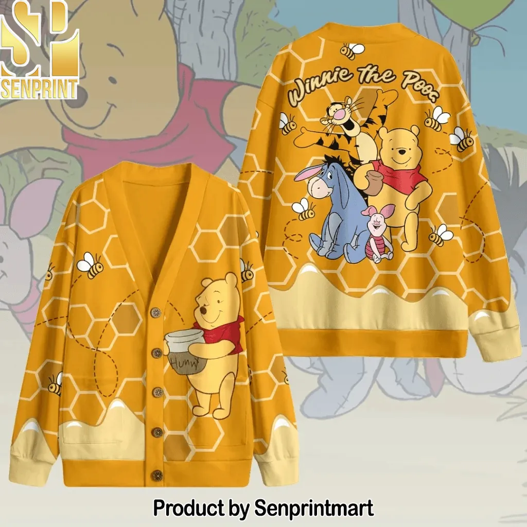 Winnie The Pooh Honeycomb Pattern Knitted V-Neck Cardigan