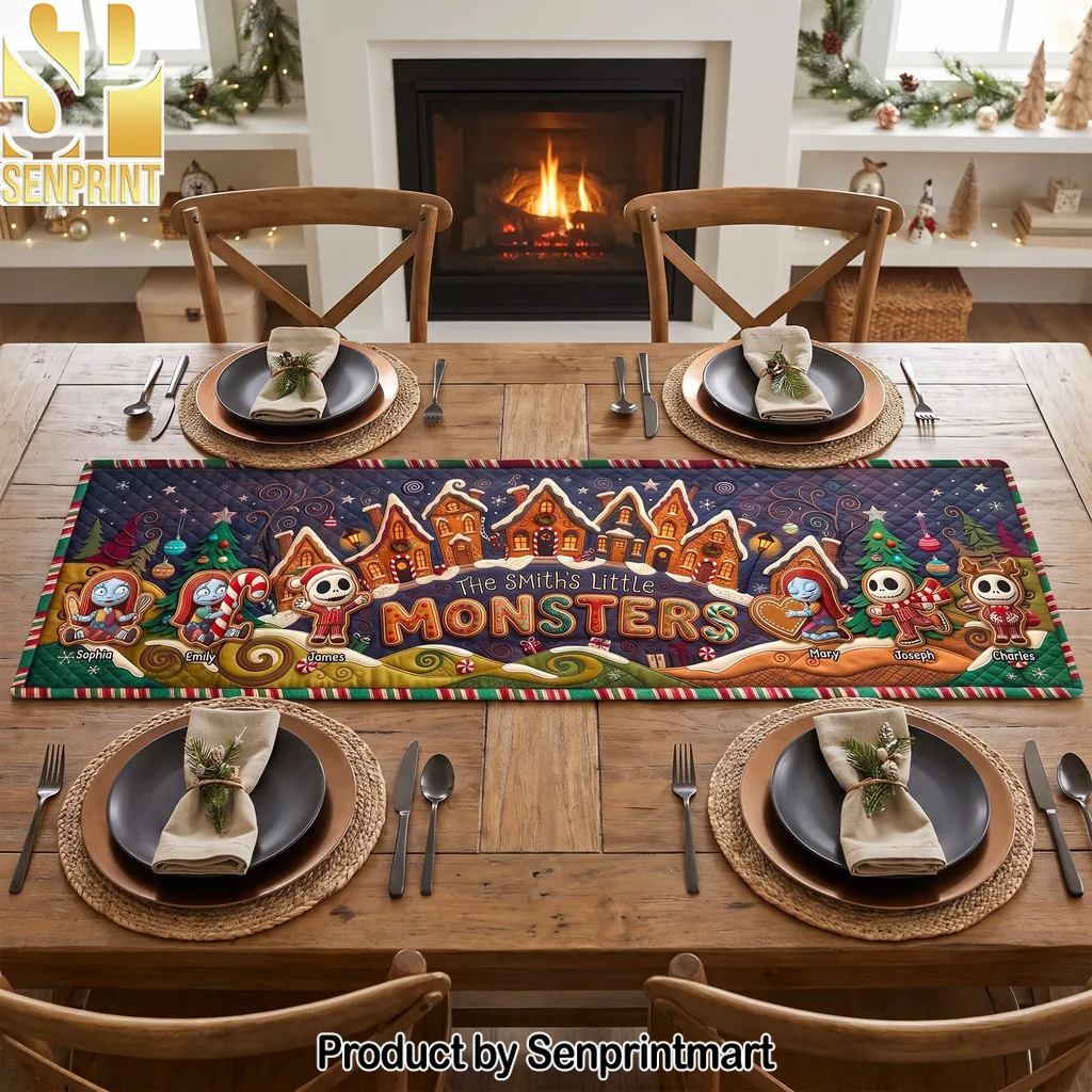 Personalized Little Monsters Gingerbread Christmas Quilted Table Runner