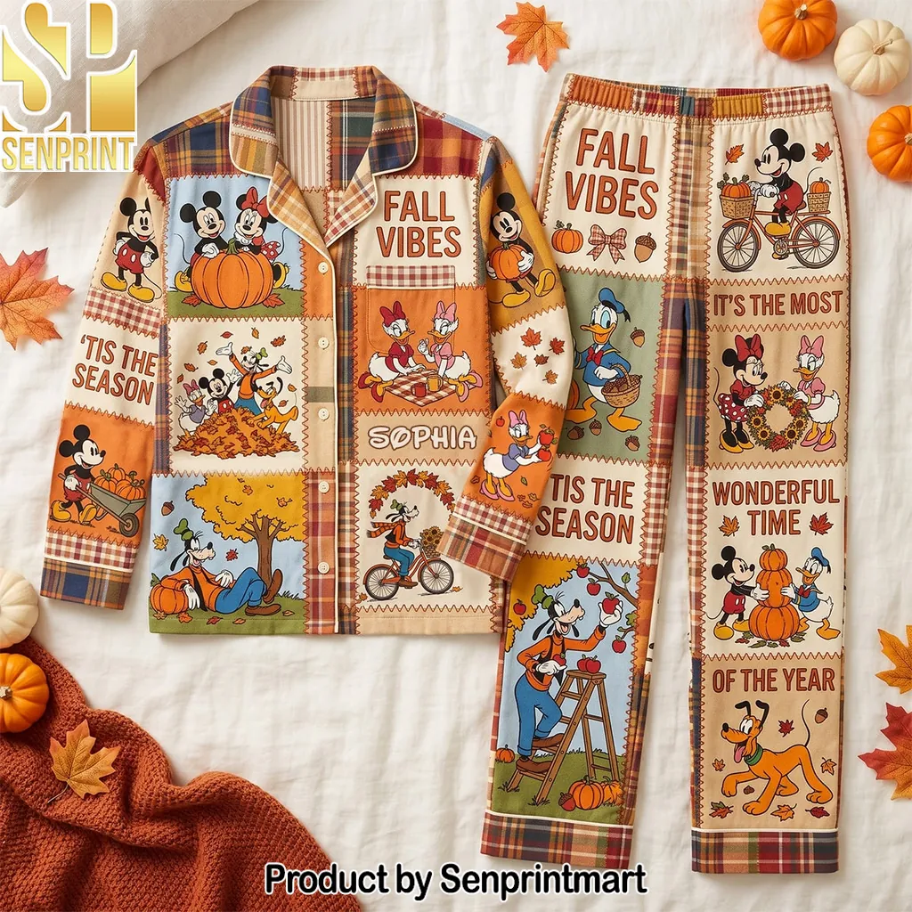 Personalized Disney Fall Vibes Mickey Mouse Autumn Pajama Set