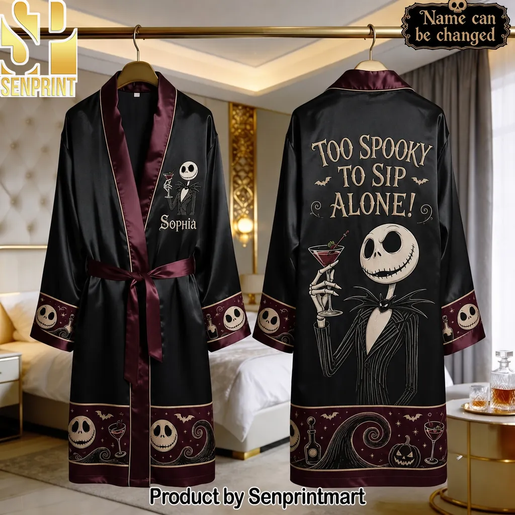 Personalized Too Spooky To Sip Alone Skeleton Satin Robe