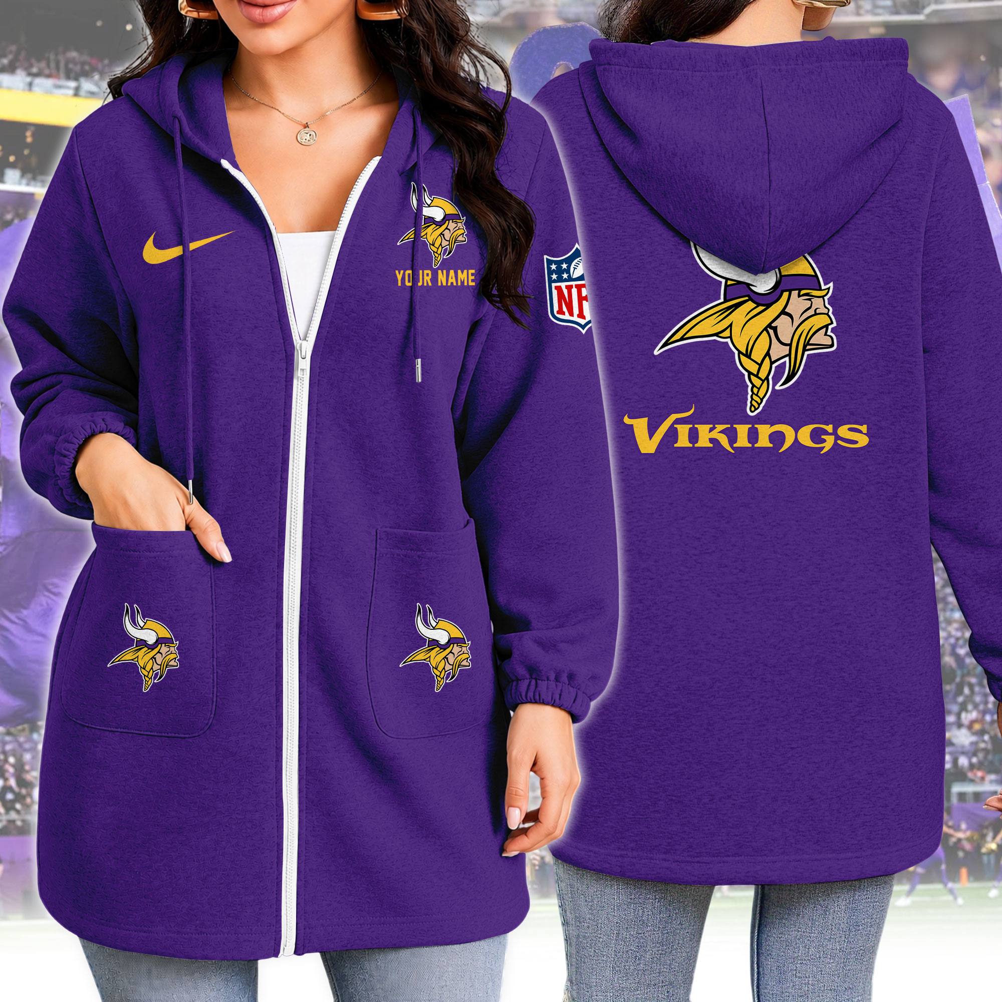 Custom Name Minnesota Vikings Purple Longline Zip Up Hoodie