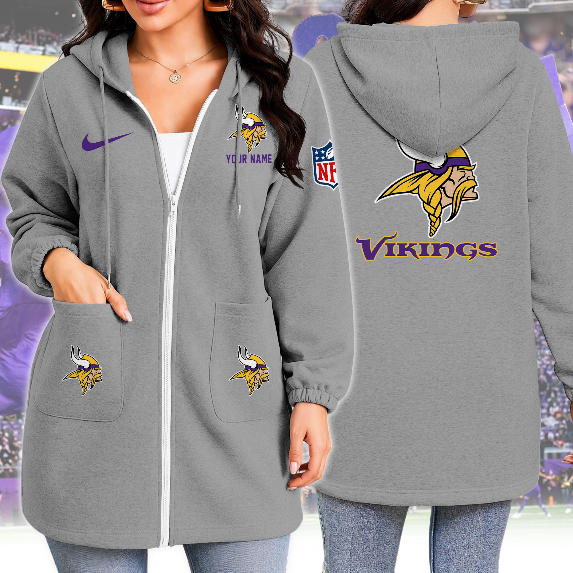 Custom Name Minnesota Vikings Purple Longline Zip Up Hoodie Custom Name Minnesota Vikings Purple Longline Zip Up Hoodie