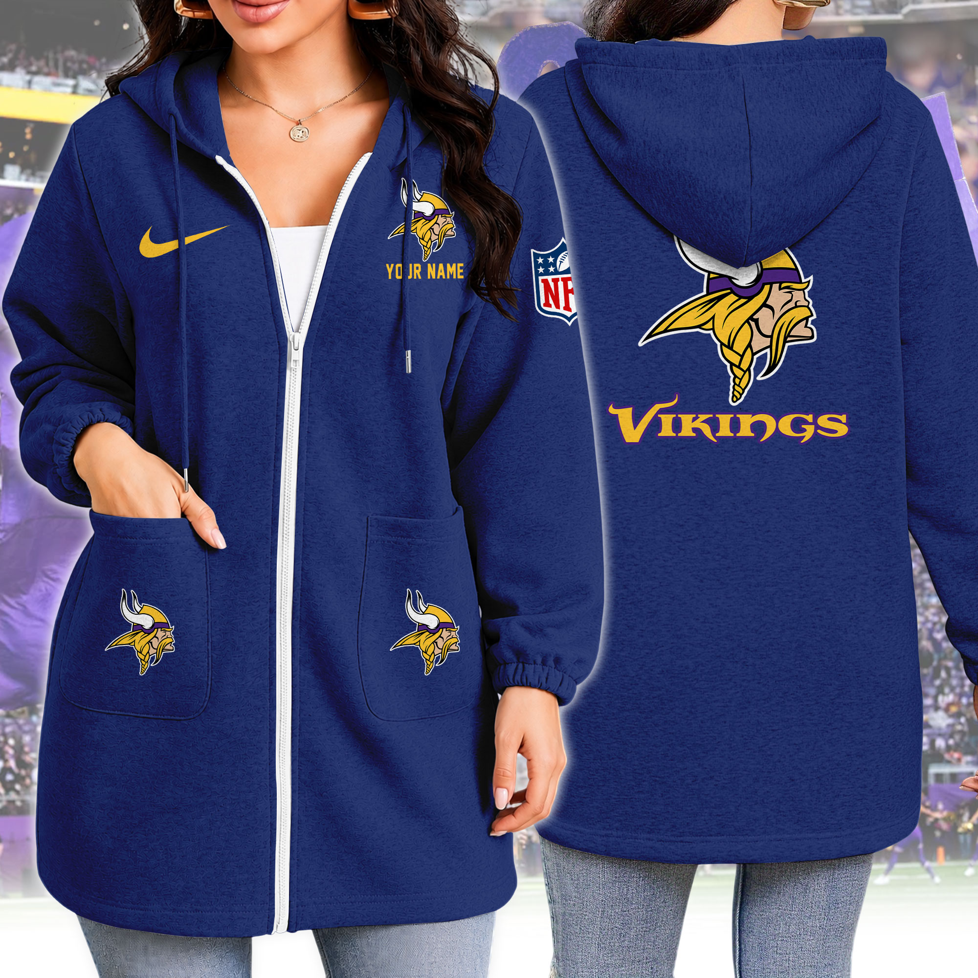 Custom Name Minnesota Vikings Purple Longline Zip Up Hoodie Custom Name Minnesota Vikings Purple Longline Zip Up Hoodie