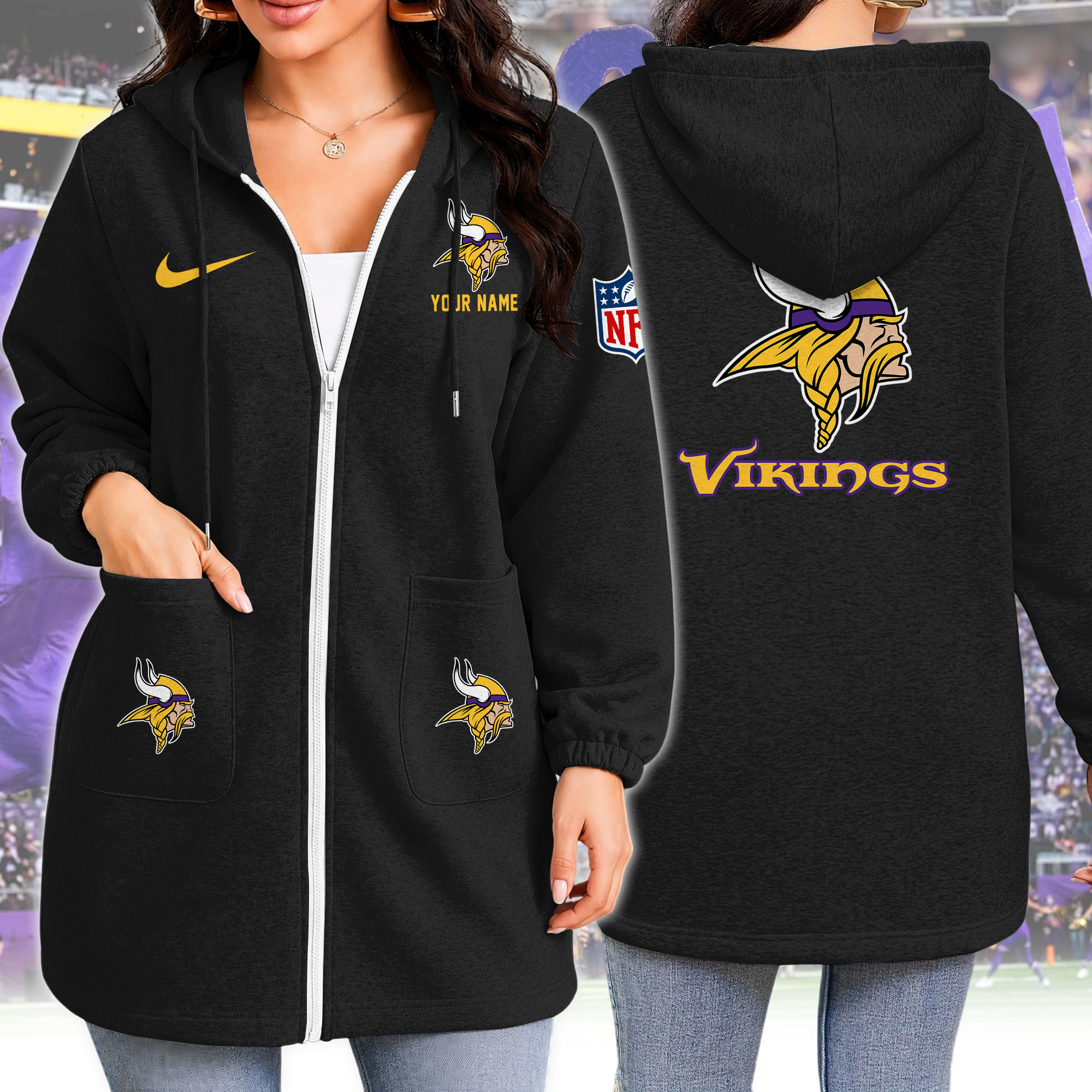 Custom Name Minnesota Vikings Purple Longline Zip Up Hoodie Custom Name Minnesota Vikings Purple Longline Zip Up Hoodie