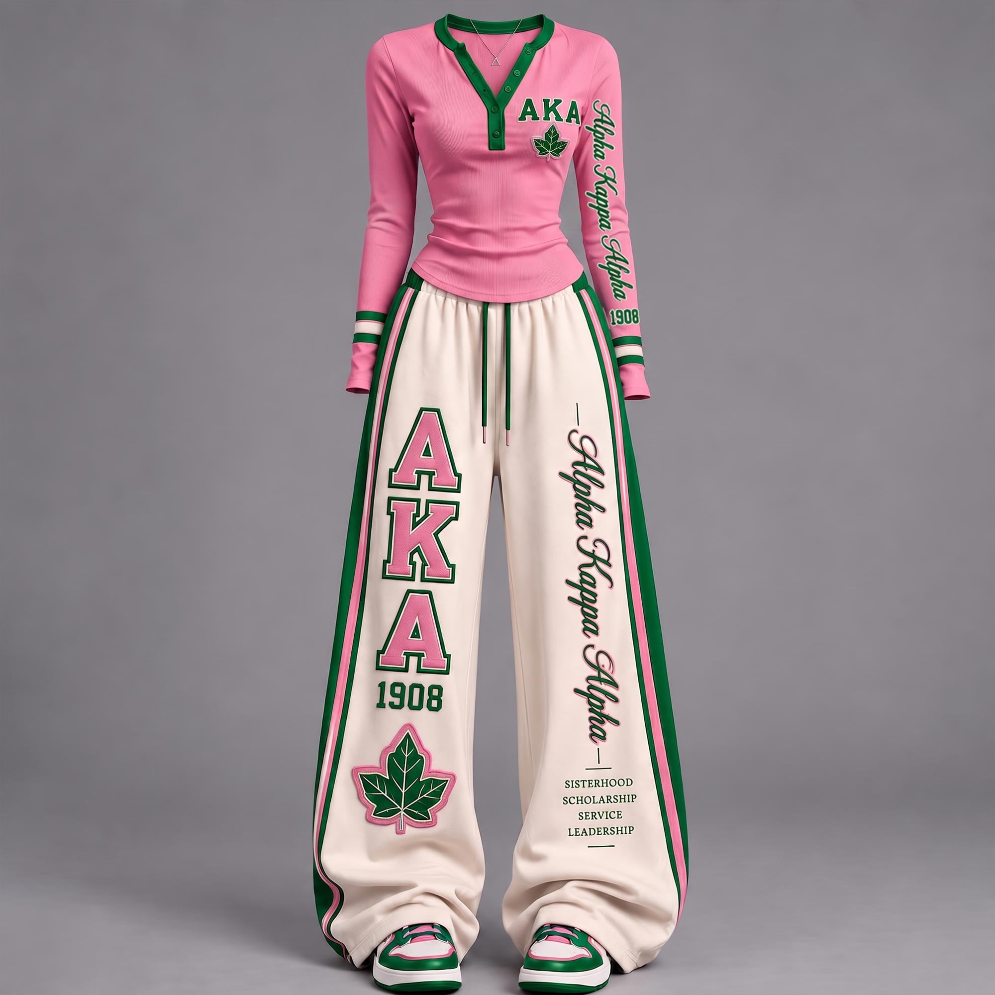 Alpha Kappa Alpha AKA 1908 Sorority Pink and Green Ivy Leaf Varsity Henley and Wide Leg Sweatpants Two-Piece Lounge Set