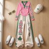 Alpha Kappa Alpha AKA 1908 Sorority Pink and Green Ivy Leaf Varsity Henley and Wide Leg Sweatpants Two-Piece Lounge Set