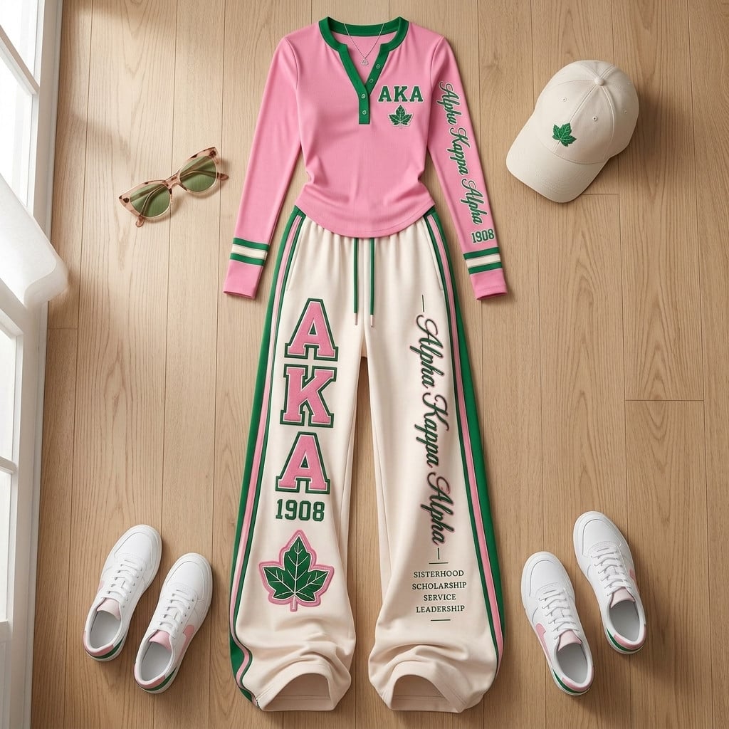 Alpha Kappa Alpha AKA 1908 Sorority Pink and Green Ivy Leaf Varsity Henley and Wide Leg Sweatpants Two-Piece Lounge Set Alpha Kappa Alpha AKA 1908 Sorority Pink and Green Ivy Leaf Varsity Henley and Wide Leg Sweatpants Two-Piece Lounge Set