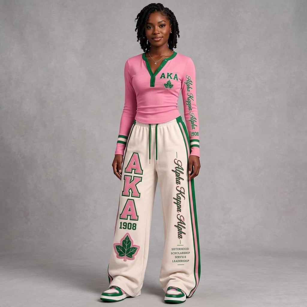 Alpha Kappa Alpha AKA 1908 Sorority Pink and Green Ivy Leaf Varsity Henley and Wide Leg Sweatpants Two-Piece Lounge Set Alpha Kappa Alpha AKA 1908 Sorority Pink and Green Ivy Leaf Varsity Henley and Wide Leg Sweatpants Two-Piece Lounge Set