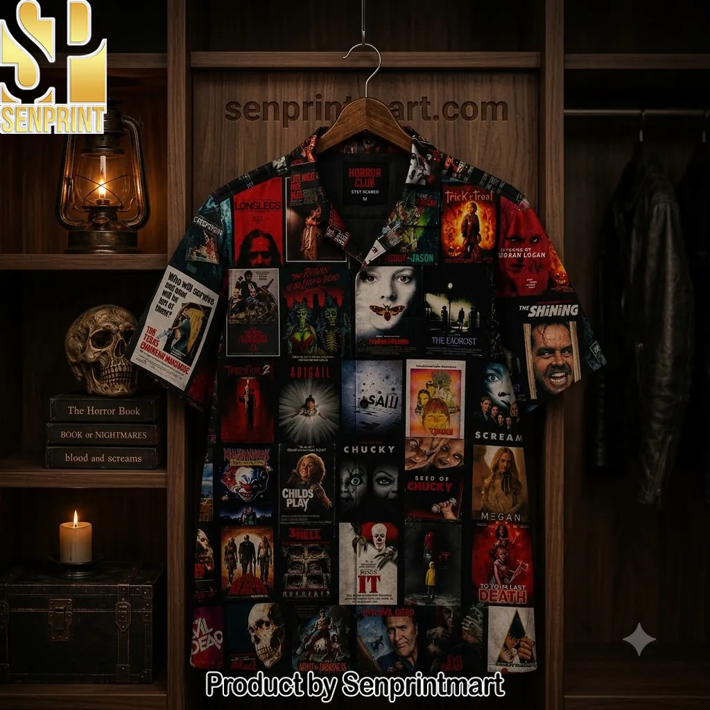 Horror Movie Legends Collage Graphic Print Casual Hawaiian Shirt