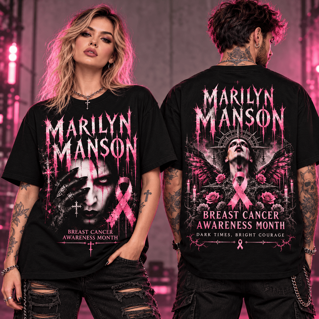 Marilyn Manson Breast Cancer Awareness Month Pink Ribbon Gothic Rock Graphic T-Shirt